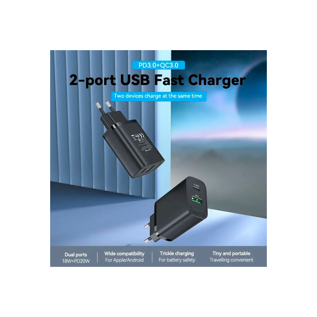 Зарядний пристрій Vention 2xUSB 38W (USB-C+USB-A) PD+QC3.0 black (FBIB0-EU) - зображення 2