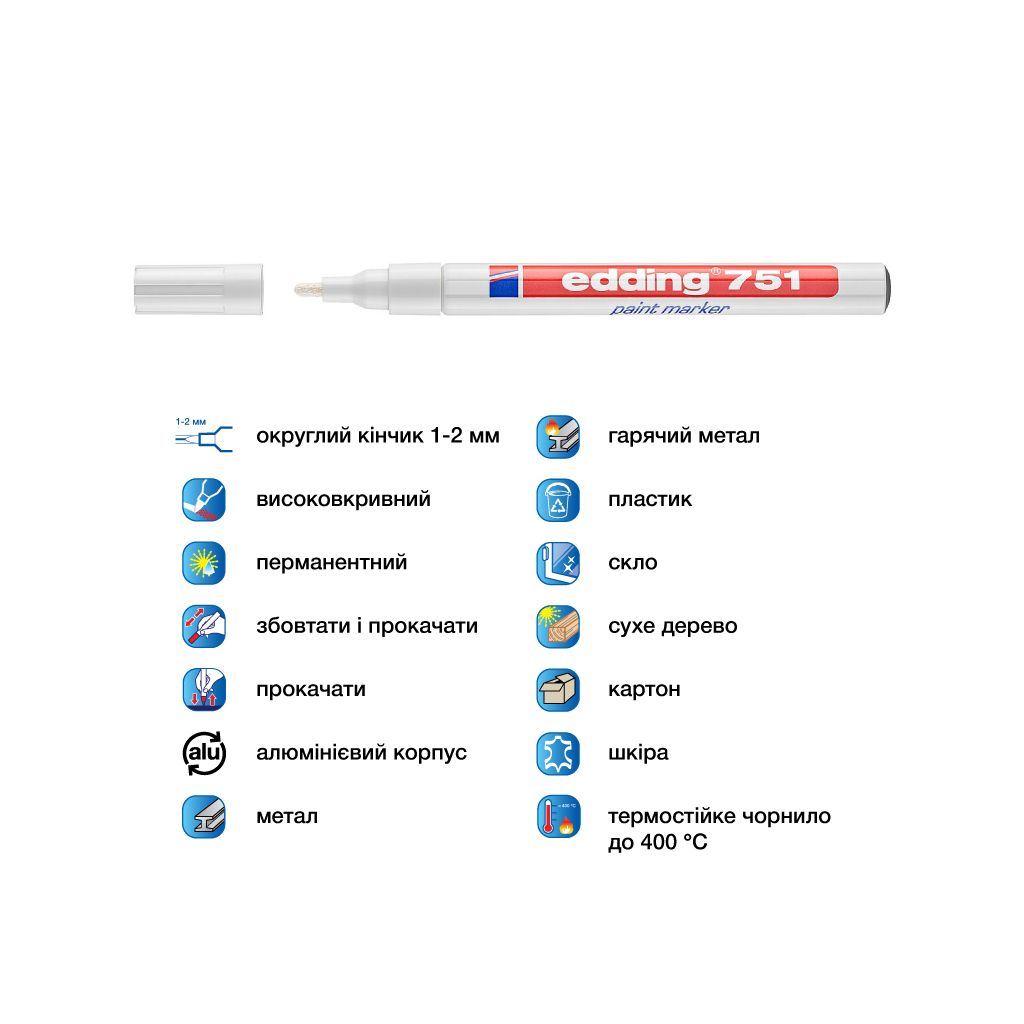 Маркер Edding Paint 1-2 мм круглий білий (e-751/49) - зображення 4