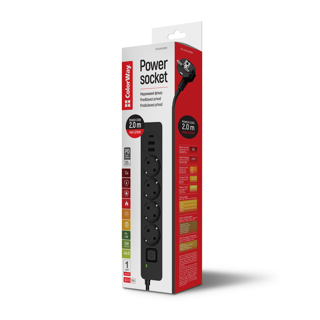 Мережевий фільтр живлення ColorWay  4 розетки/3USB 2M (CW-CHE432PDB) - зображення 6