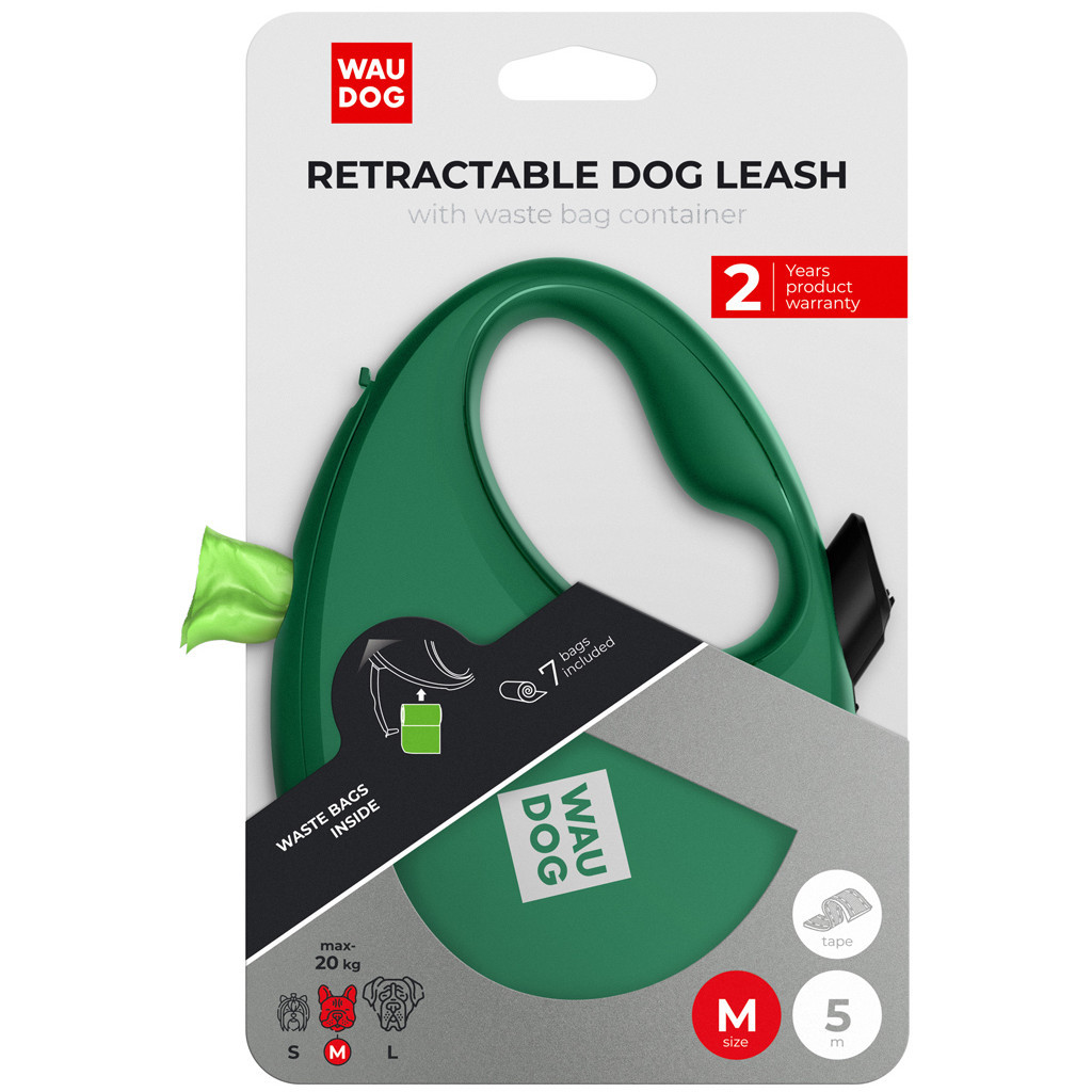 Повідець для собак WAUDOG R-leash з контейнером для пакетів M до 20 кг 5 м зелений (262818) - зображення 5