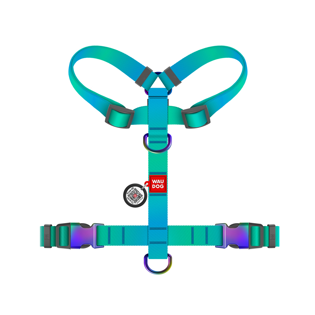 Шлея для собак WAUDOG Nylon Recycled анатомічна H-подібна з QR паспортом, градієнт, M блакитна (52872) - зображення 2