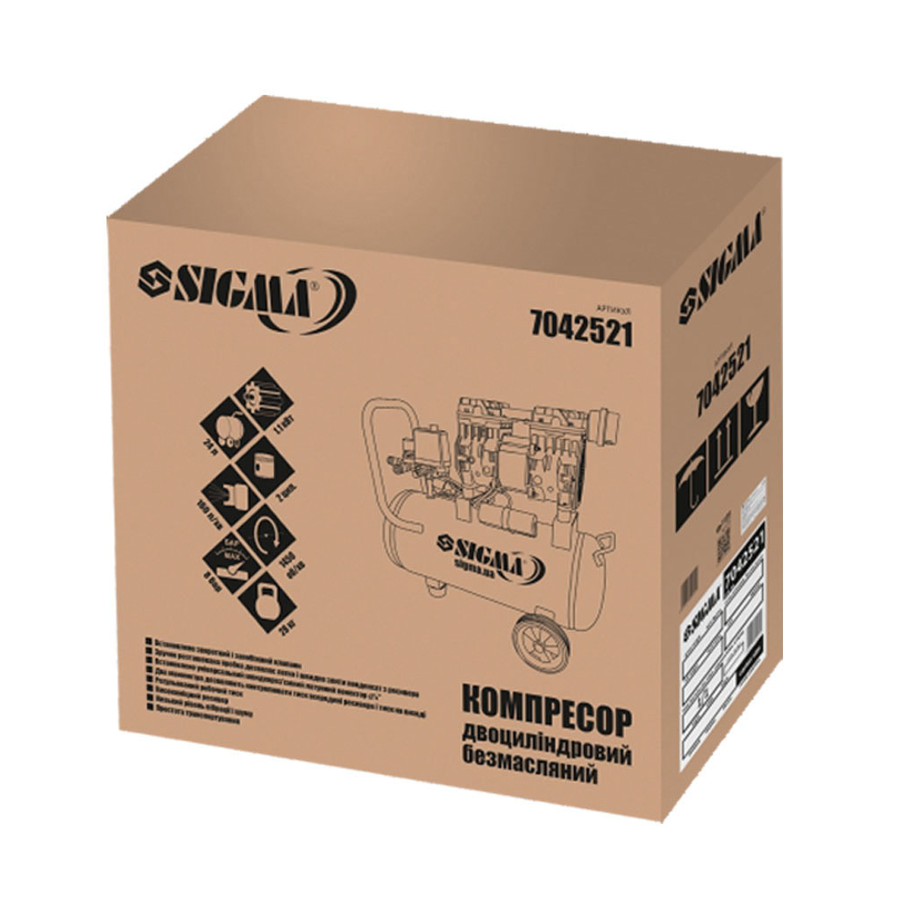 Компресор Sigma двоциліндровий безмасляний 1.1кВт 1400об/хв 160л/хв 8бар 24л (7042521) - зображення 2