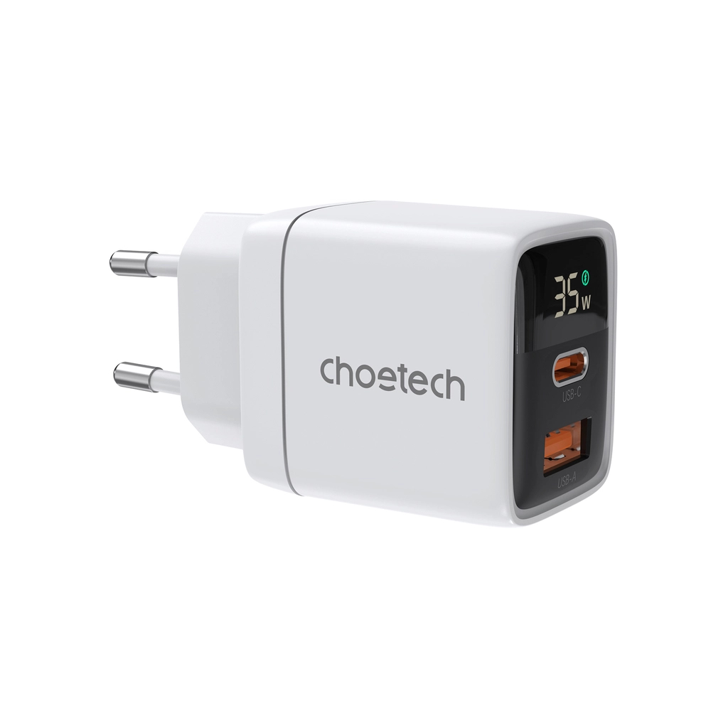 Зарядний пристрій Choetech 1xUSB + 1xUSB-C PD35W with display white (PD6052-EU-WH) - зображення 1