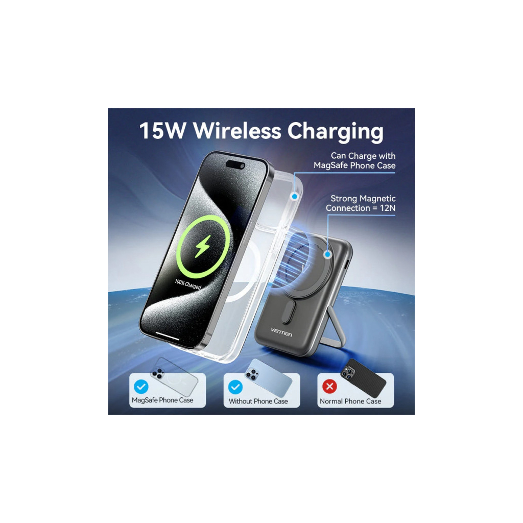 Батарея універсальна VENTION Magnetic Wireless 10000mAh 20W PD USB-C In/Out, QI-15W Black (FHNB0) - picture 7