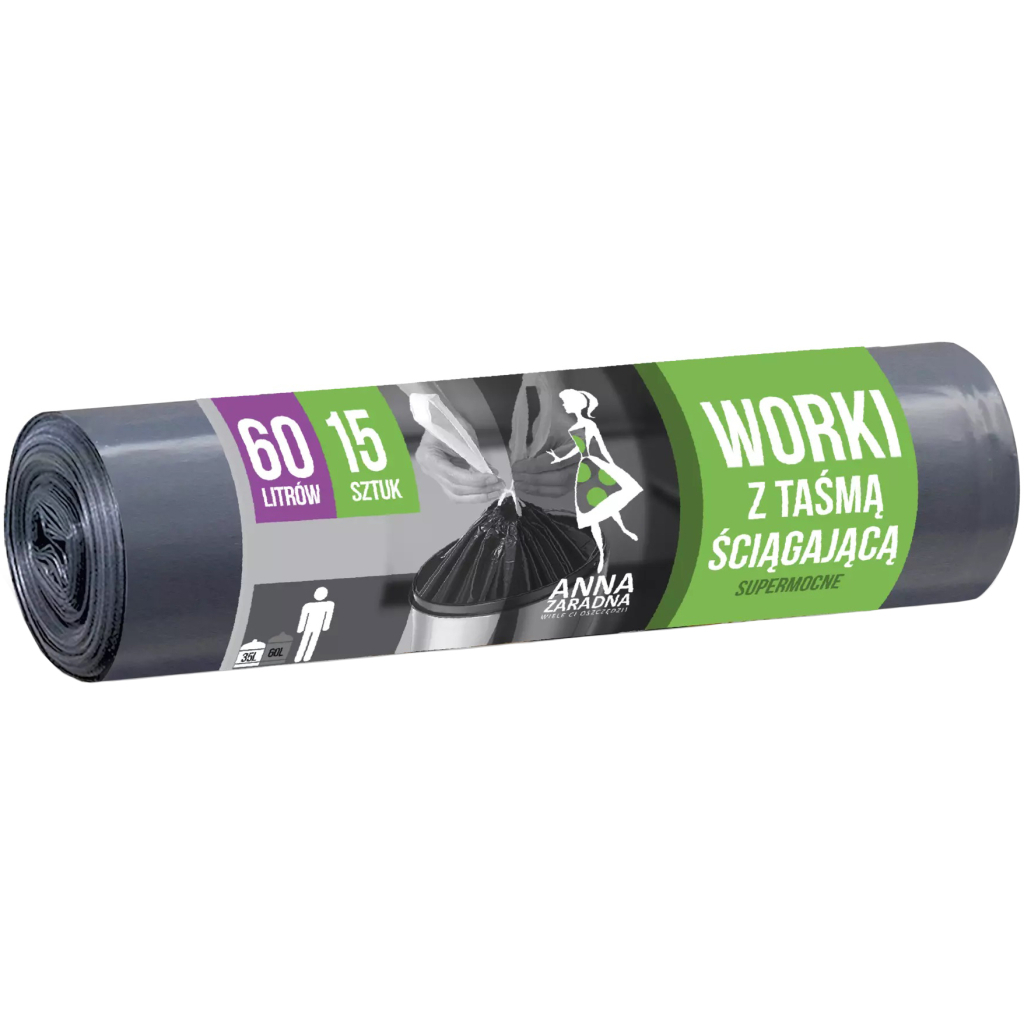 Пакети для сміття Anna Zaradna із зав'язками чорні LDPE 60 л 15 шт. (4820102052853) - зображення 1