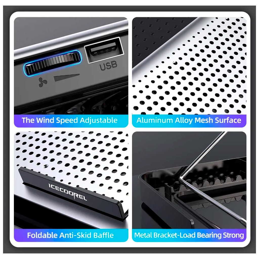 Підставка до ноутбука IceCoorel 10-15.6", 1*180mm 580 RPM, 2*USB, 350x225x26mm, Silver (A18) - зображення 11