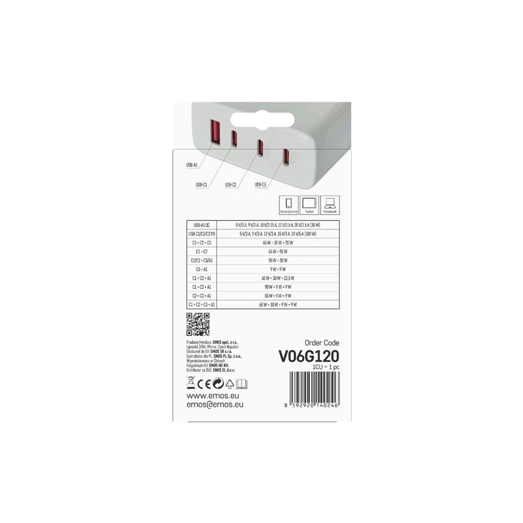 Зарядний пристрій EMOS V06G120 1xUSB-A + 3xUSB-C PD120W GaN (V06G120) - зображення 7