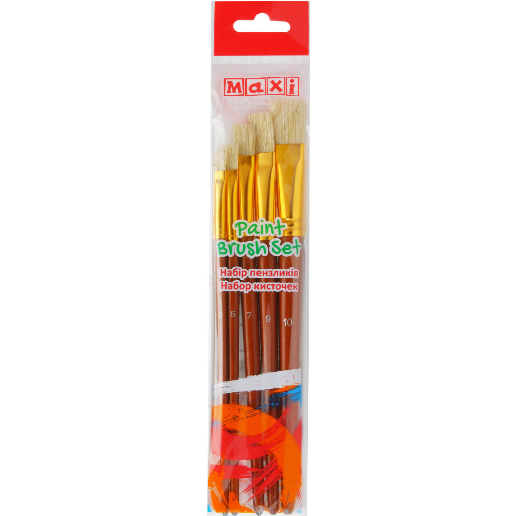 Пензлик для малювання Maxi набір 5 шт ворс щетина, пласкі (№ 3, 5, 7, 9, 10), коротка ручка (MX60879) - зображення 1