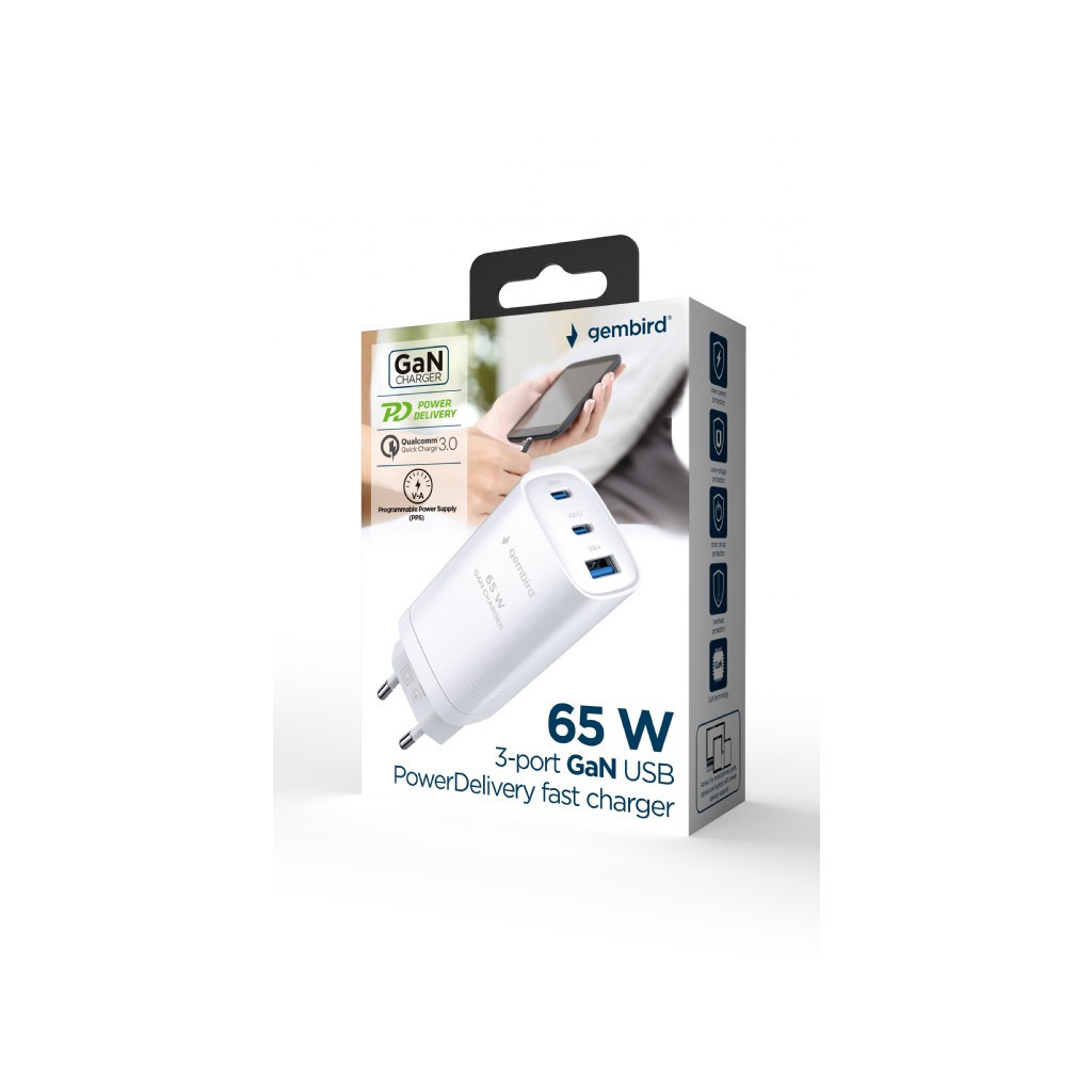 Зарядний пристрій Gembird USB-A + 2xType-C (PD18W + QC3.0 27W) white (TA-UC-PDQC65-01-W) - зображення 5