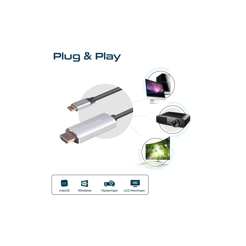 Кабель мультимедійний USB-C to HDMI hdlink-60h.grey Promate (hdlink-60h.grey) - изображение 8