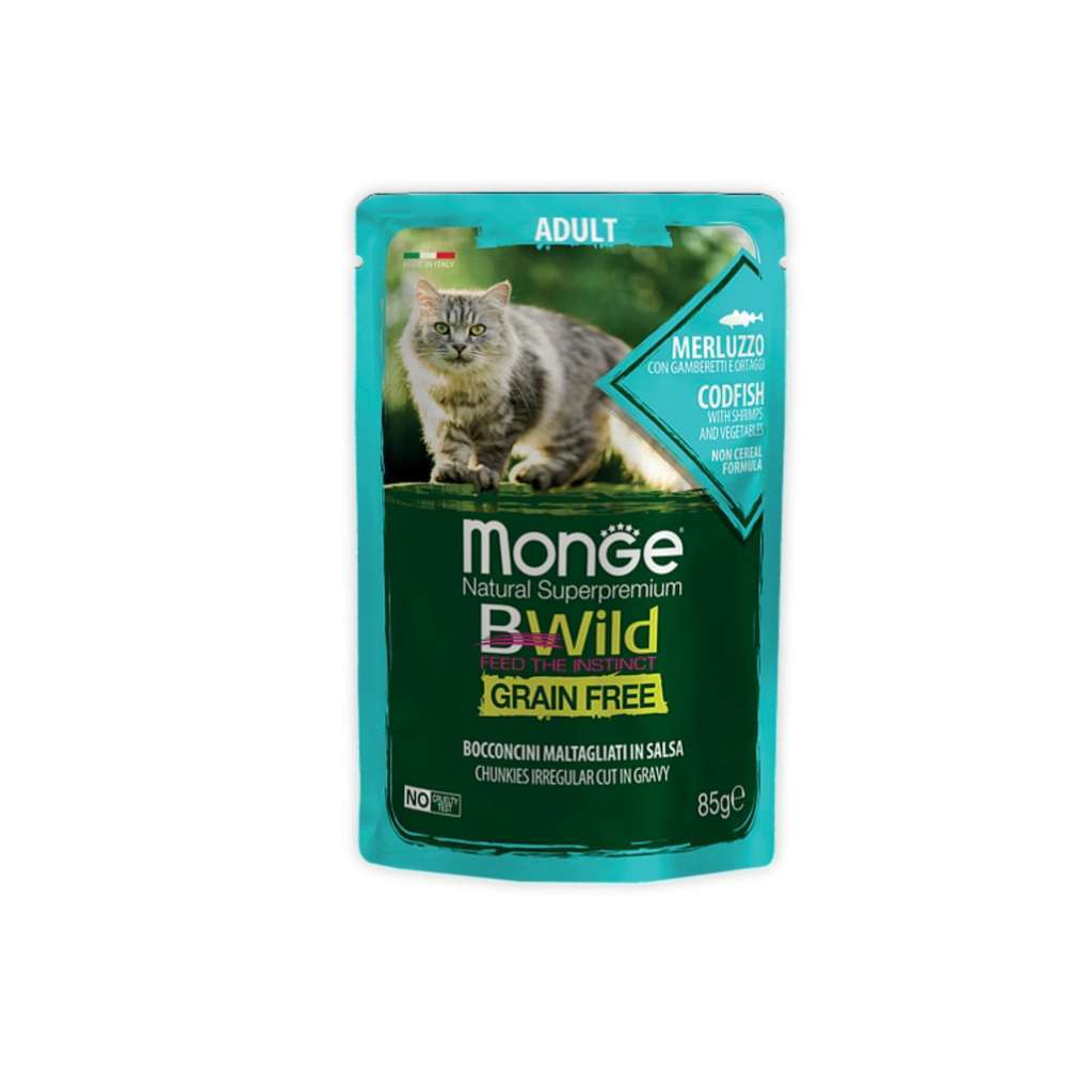 Вологий корм для кішок Monge BWild Cat Free Wet з тріскою та креветками 85 г (8009470012768) - зображення 1