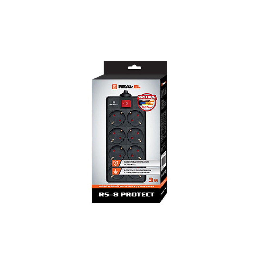 Мережевий фільтр живлення REAL-EL REAL-EL RS-8 PROTECT, 3m, black (EL122300022) - зображення 2
