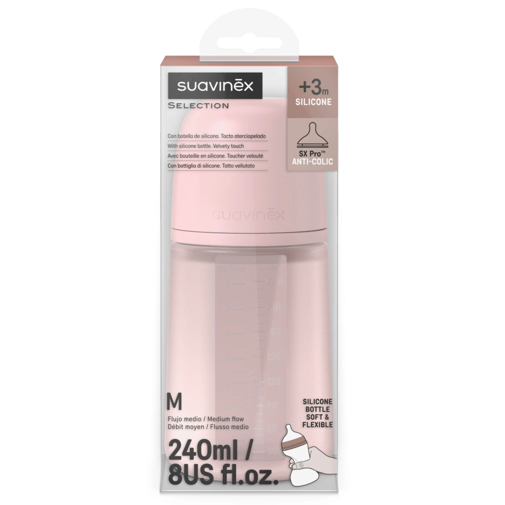 Пляшечка для годування Suavinex Colour Essence, 240 мл, силіконова, 240 мл, фізіологічна соска повільний потік, , світло-рожева (308654) - зображення 3