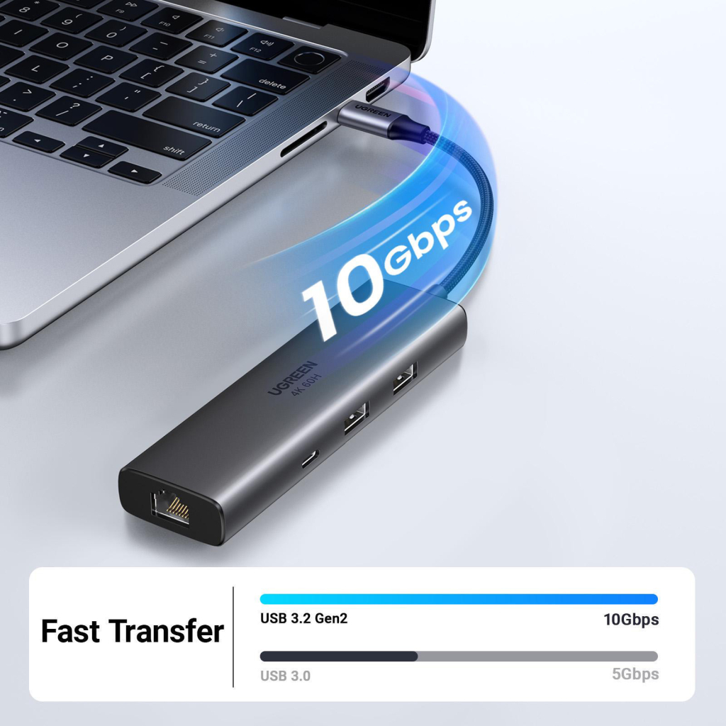 Концентратор Ugreen USB-C to HDMI + 2xUSB 3.2 + USB-C 3.2 + RJ45 + PD CM512 gray (45000) - зображення 4