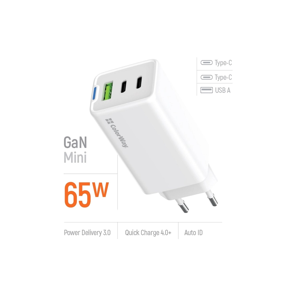 Зарядний пристрій ColorWay GaN Mini 65W PD Port PPS USB (USB-2C1A) white (CW-CHS058PD-WT) - изображение 7