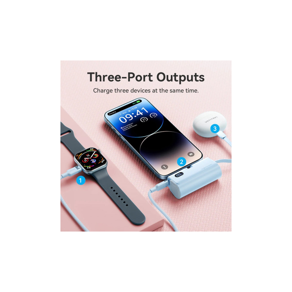 Батарея універсальна VENTION 4800mAh 22,5W PD, USB-C In/Out, LED display, with built-in Lightning cable Black (FHRB0) - picture 6