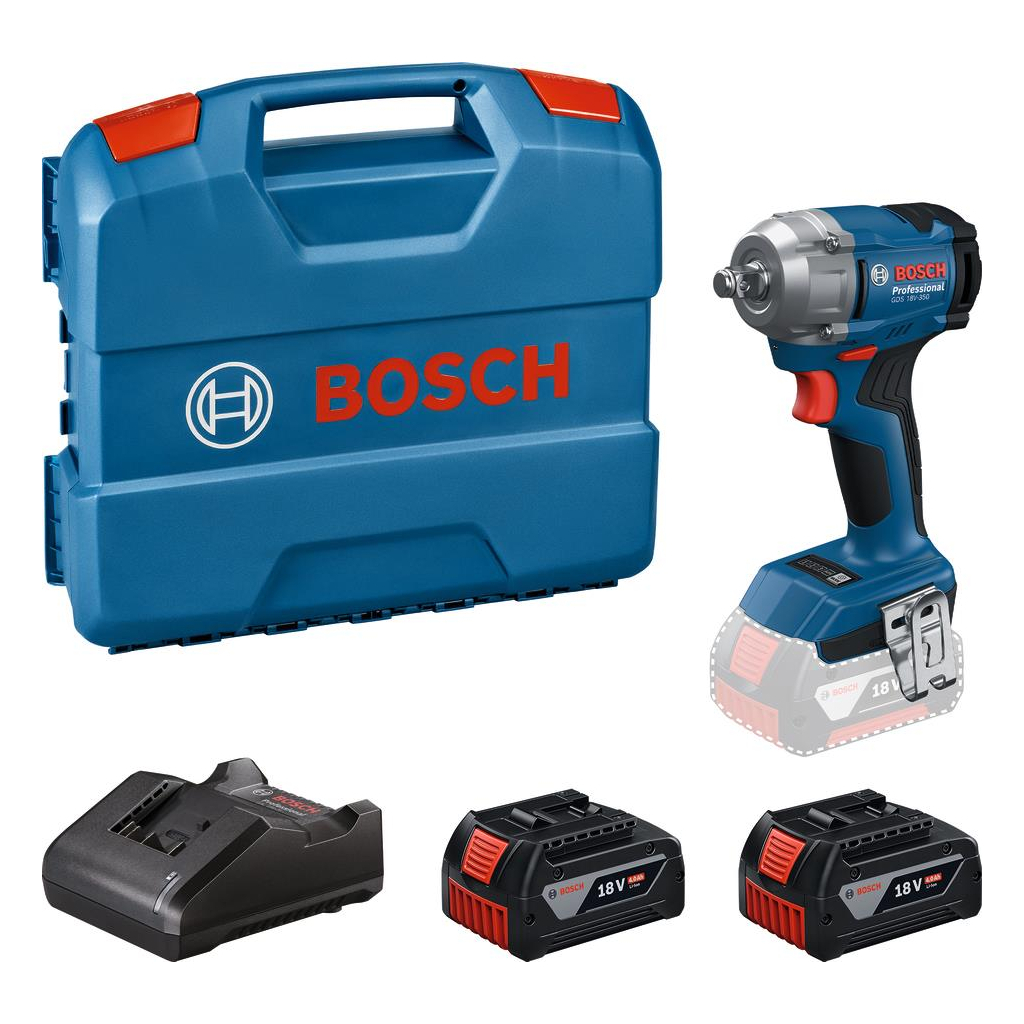 Гайковерт Bosch GDS 18V-350 18V, 2x4Ah, до 3400об/хв, 85/200/350Нм, квадрат 1/2", кейс 1.1кг (0.601.9M5.021) - зображення 1