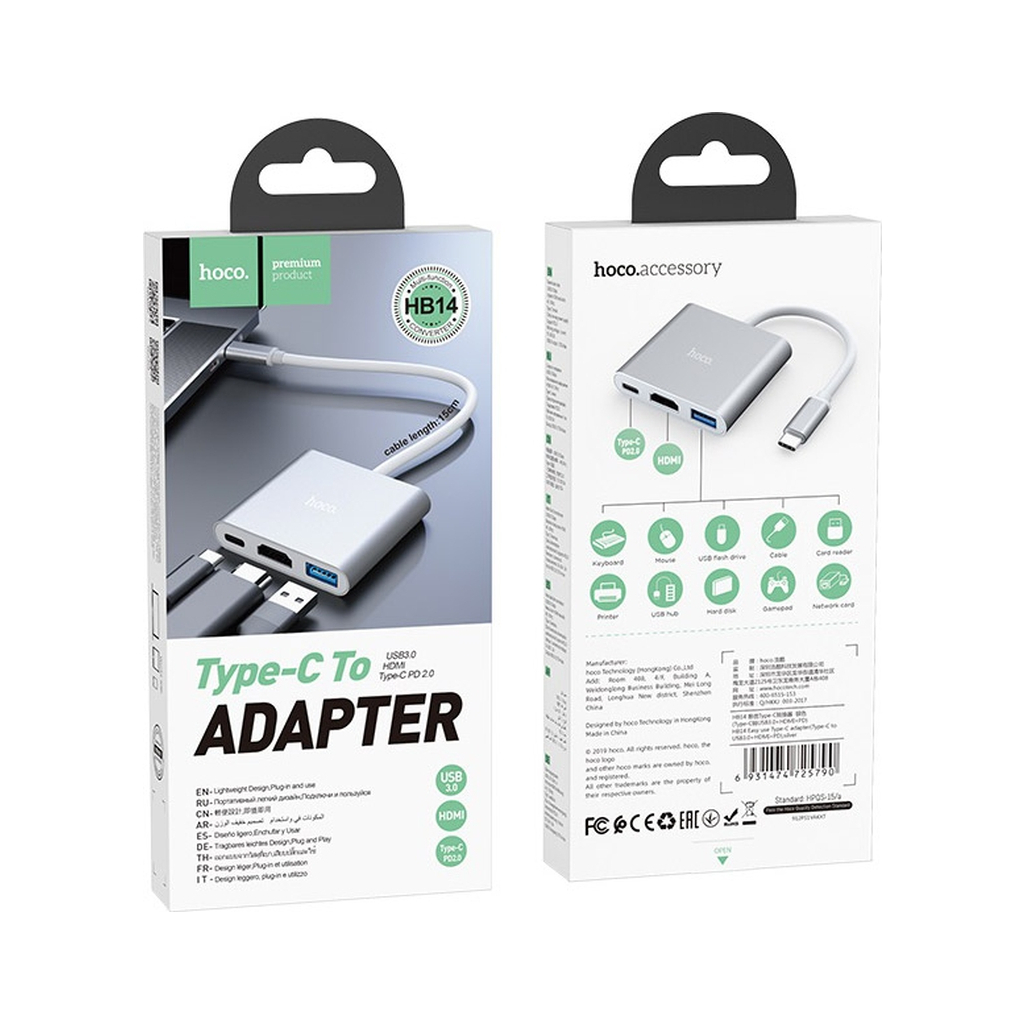 Концентратор HOCO USB-C to USB3.0+HDMI+PD HB14 Silver (6931474725790) - зображення 6