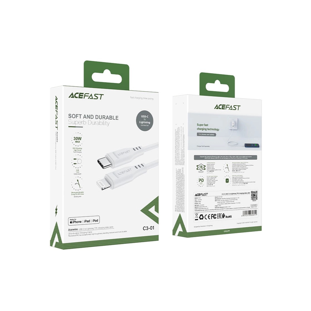 Дата кабель USB-C to Lightning 1.2m 3.0A TPE C3-01 White Acefast (6974316280811) - зображення 3
