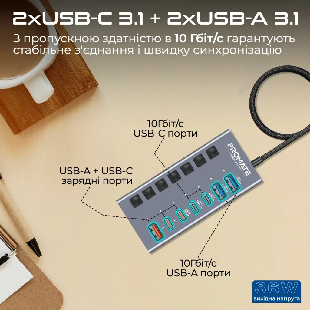 Концентратор Promate USB Hub 7 ports gegahub-10g (gegahub-10g) - зображення 3