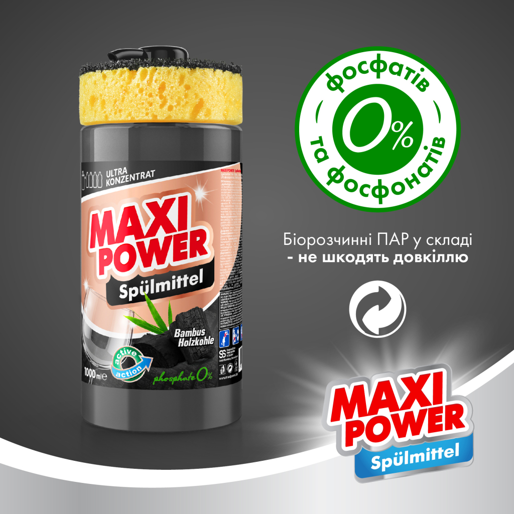 Засіб для ручного миття посуду Maxi Power Чорне вугілля 1000 мл (4823098411796) - зображення 4