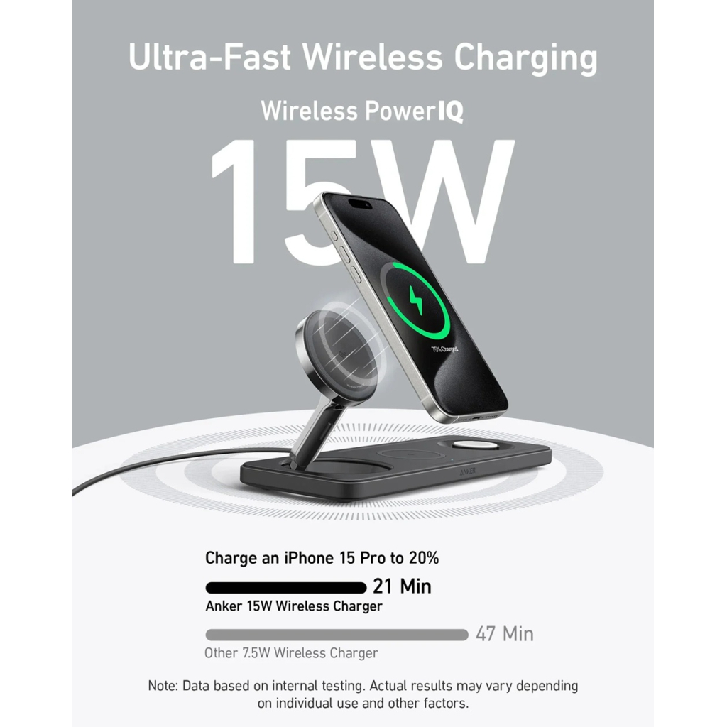 Зарядний пристрій Anker MagGo Wireless Charging Station 15W 3-in-1 Pad Black (B25M1311) - зображення 8