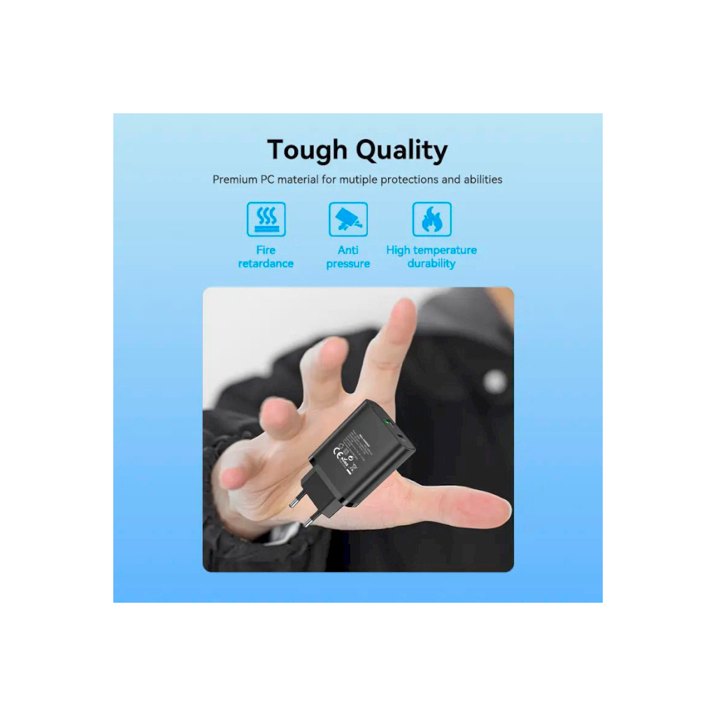 Зарядний пристрій Vention 2xUSB 38W (USB-C+USB-A) PD+QC3.0 black (FBIB0-EU) - зображення 8