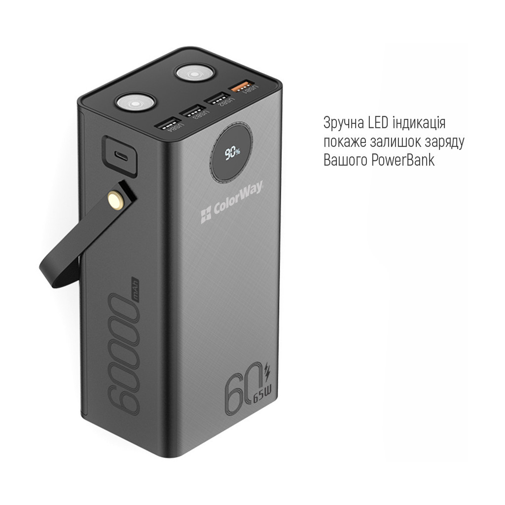 Батарея універсальна ColorWay 60 000 mAh Powerful PD/65W, QC/4.0, AFC, FCP, Black (CW-PB600LPA5BK-PDD) - изображение 2