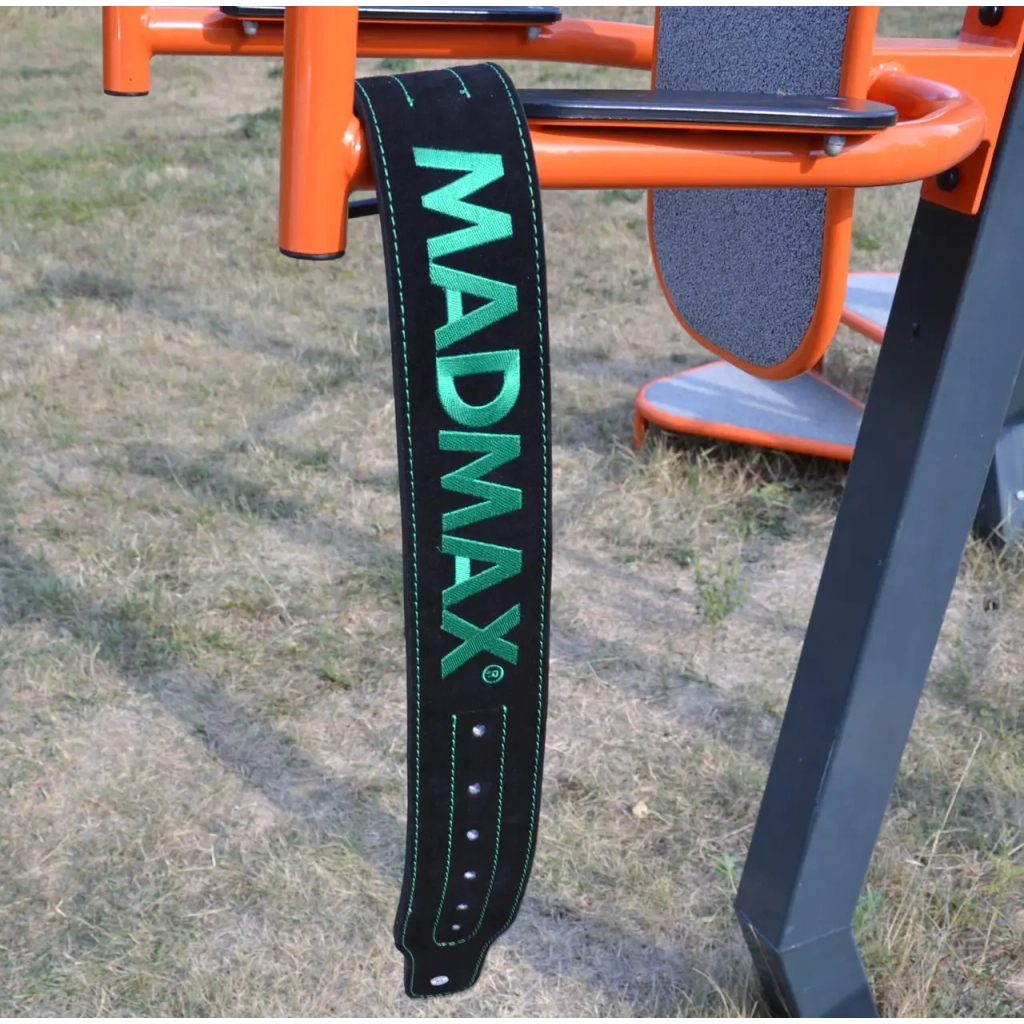 Атлетичний пояс MadMax MFB-301 Suede Single Prong шкіряний Black/Green L (MFB-301_L) - зображення 8