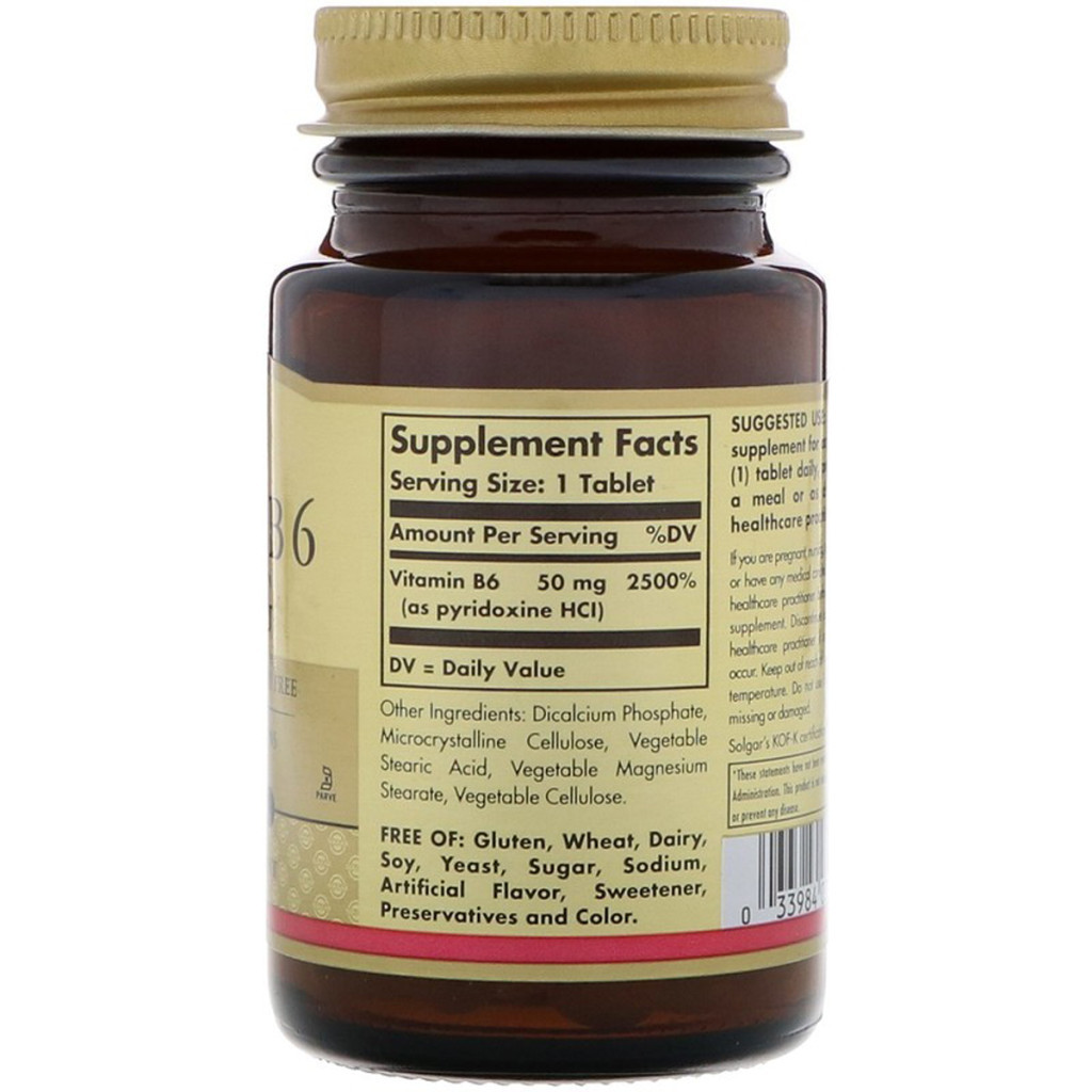 Вітамін Solgar Вітамін В6, Vitamin B6, 50 мг, 100 таблеток (SOL-03100) - зображення 2