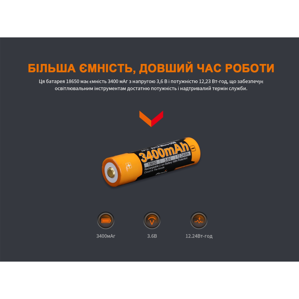 Акумулятор Fenix 18650 3400 mAh micro usb зарядка (ARB-L18-3400U) - зображення 10