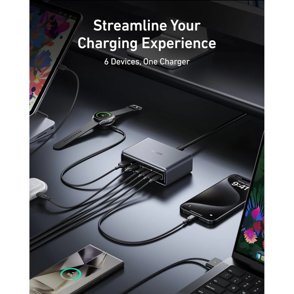 Зарядний пристрій Anker GaNPrime 200W 4xUSB-C PD + 2xUSB-A Black (A2683341) - зображення 5