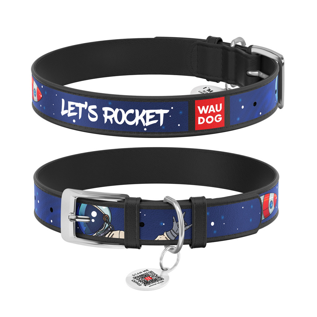 Нашийник для тварин WAUDOG Design з QR паспортом "Космос. Ракета" L Ш 25 мм Д 37-48 см чорний (0025-0125-01) - зображення 1