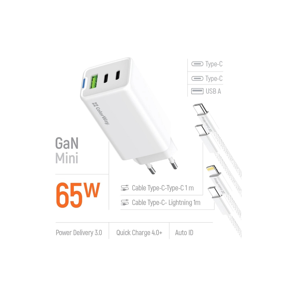 Зарядний пристрій ColorWay GaN Mini 65W PD Port PPS USB (USB-2C1A) cable Type-C&Lightning (CW-CHS058PDCL-WT) - зображення 7