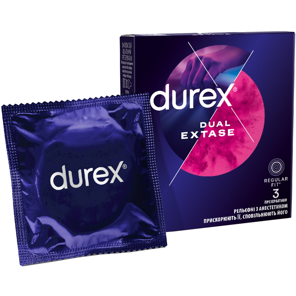 Презервативи Durex Dual Extase рельєфні з анестетиком 3 шт. (5052197053401) - изображение 1