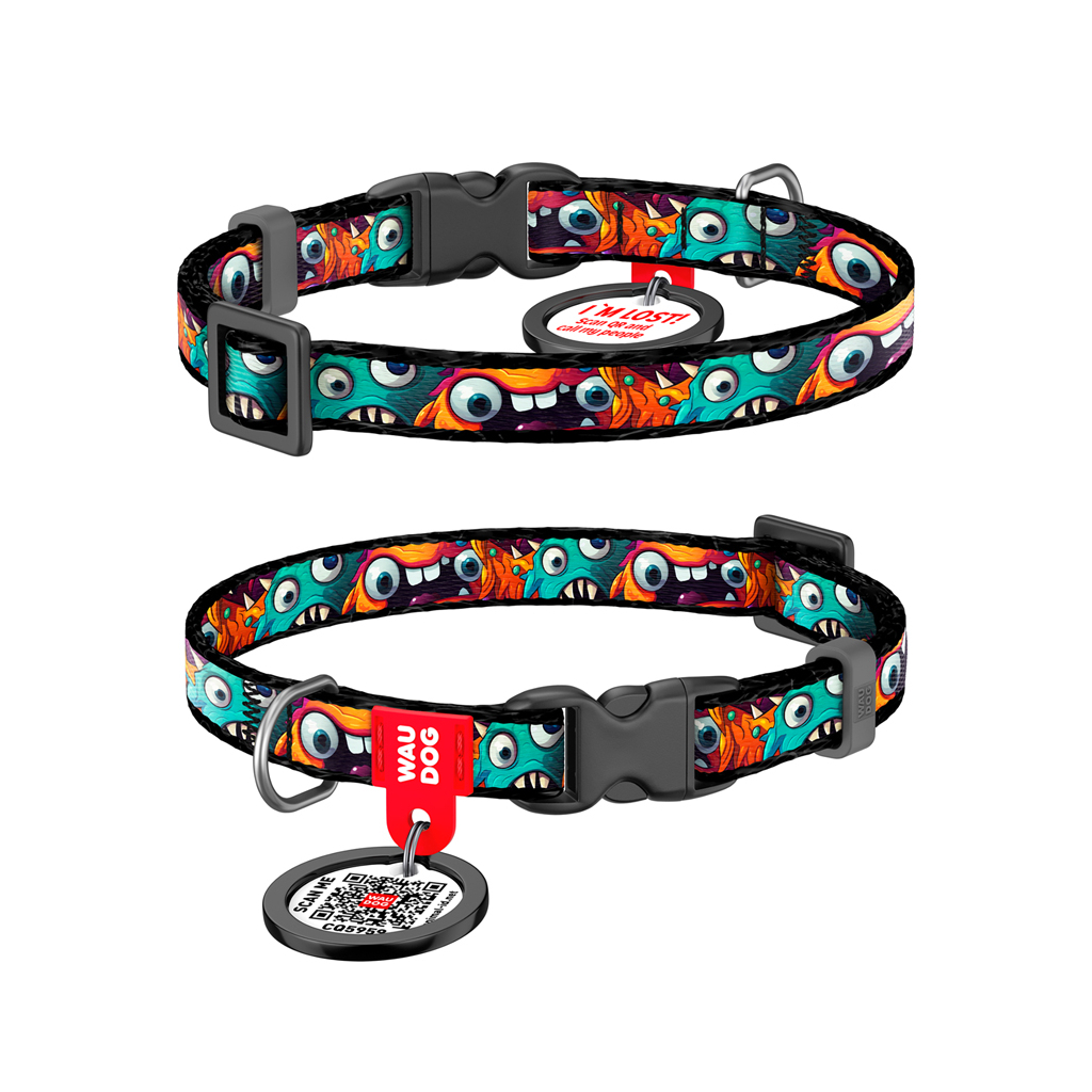 Нашийник для тварин WAUDOG Nylon з QR паспортом "Зубасті монстри" для котів та дрібних порід собак, XS (278-4048) - зображення 1