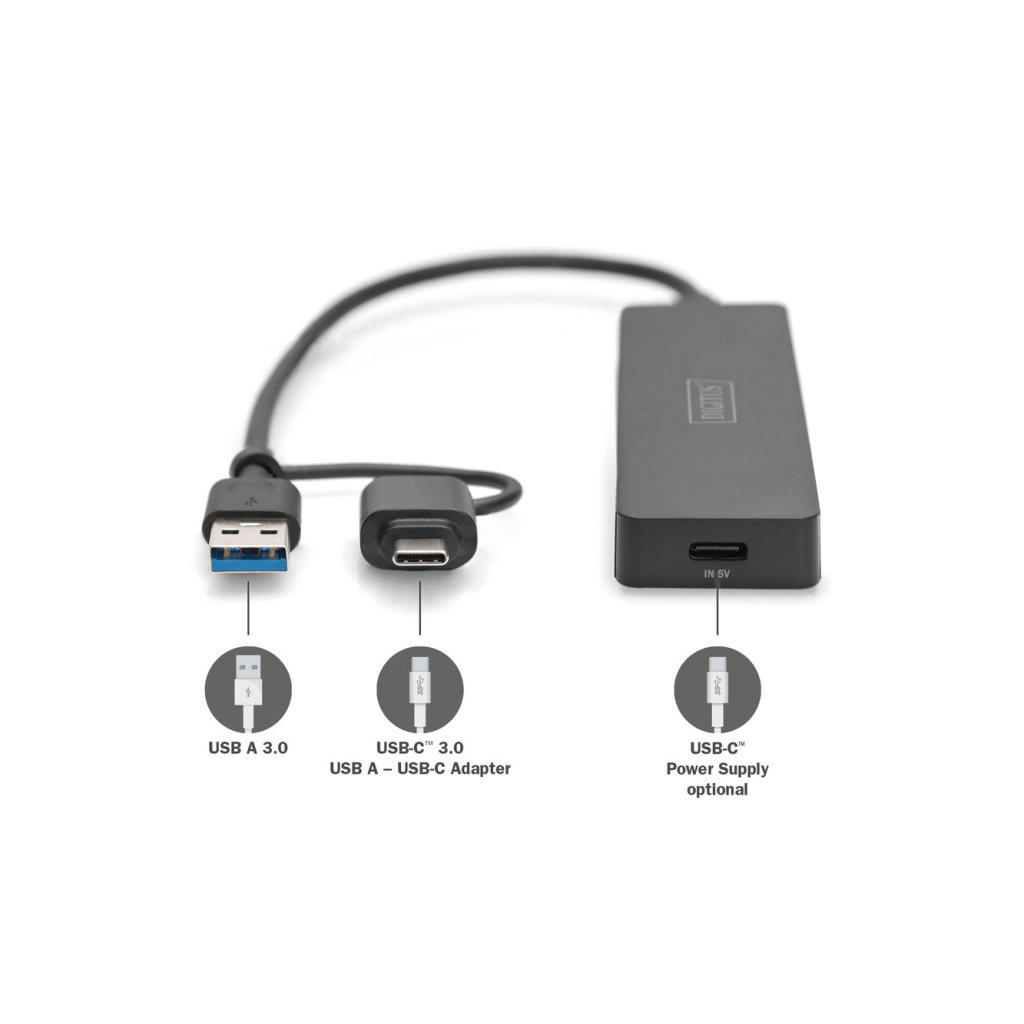 Концентратор Digitus USB-C + USB-A to 4xUSB-A 0.2m black (DA-70235) - зображення 2