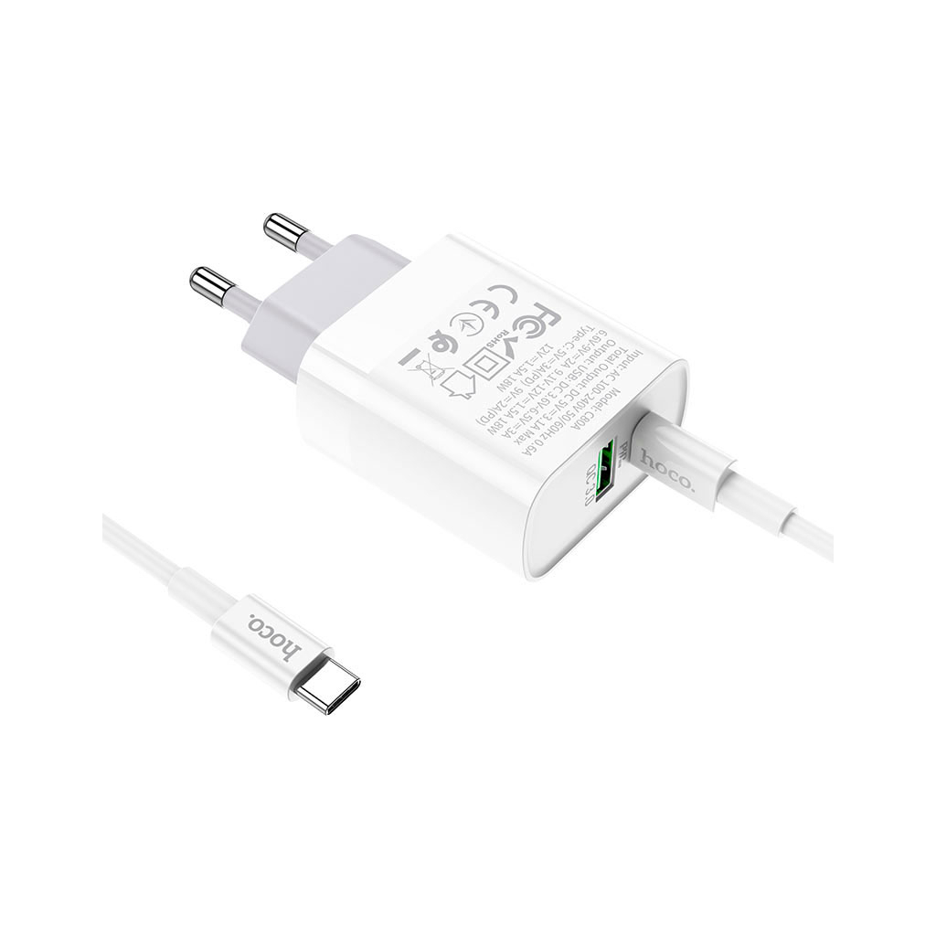 Зарядний пристрій HOCO C80A Rapido 1xUSB-C PD20W + 1xUSB QC3.0 + cable USB-C to USB-C White (6931474740533) - зображення 3