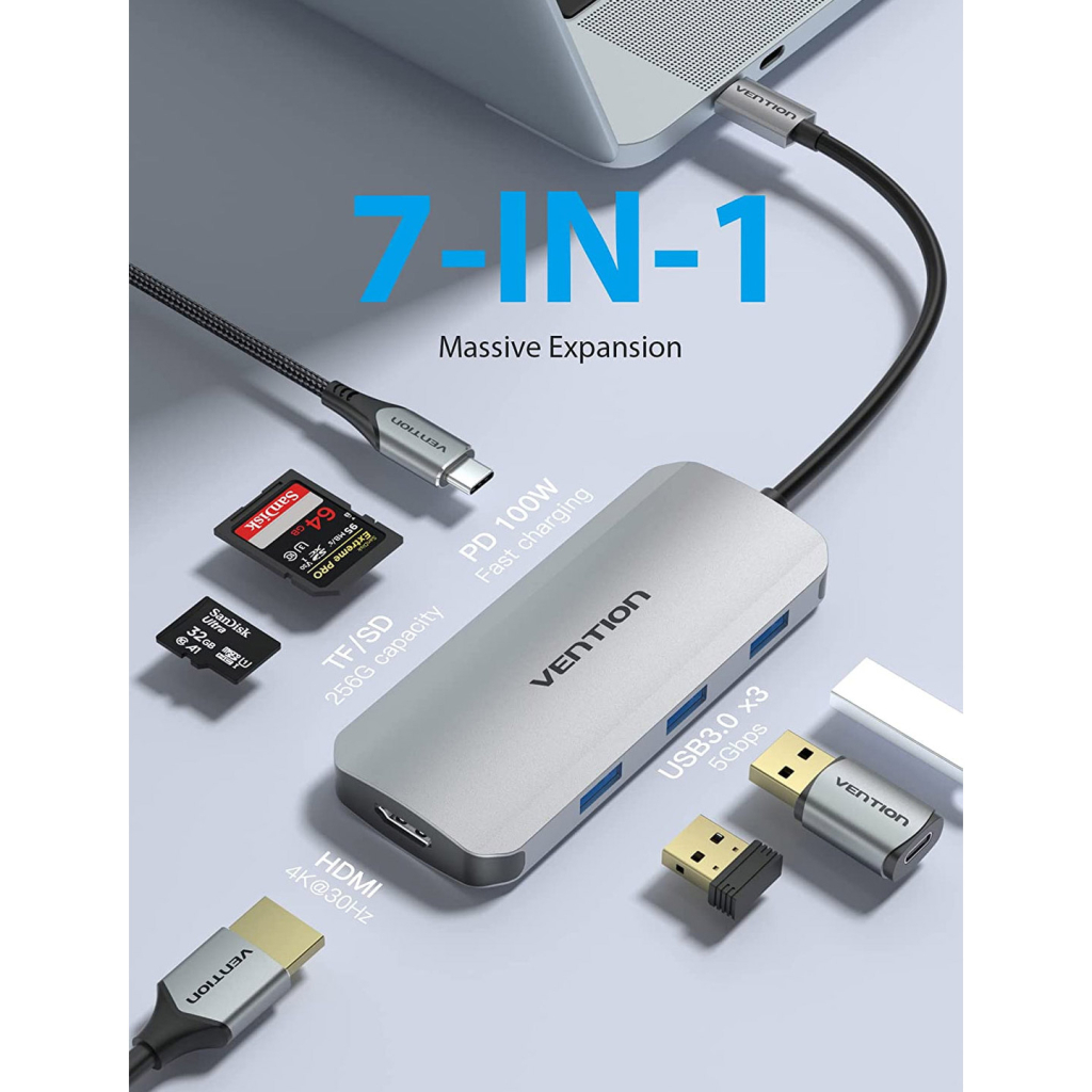 Концентратор Vention USB-C to HDMI/3xUSB 3.0/SD/TF/PD Aluminum Alloy 0.15m gray (TOJHB) - зображення 2
