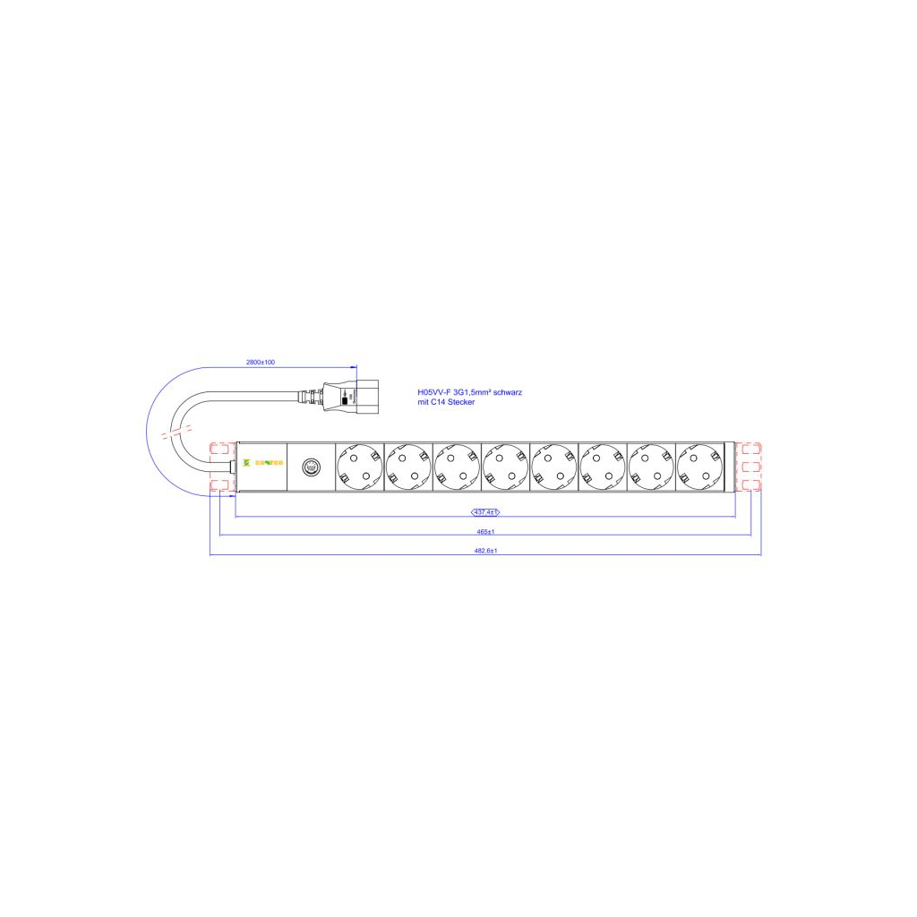 Силовий блок 19" 1U 8xSchuko, вилка IEC C14, кабель 3м. Conteg (DP-RP-08-SCHUF-IEEC14) - изображение 3