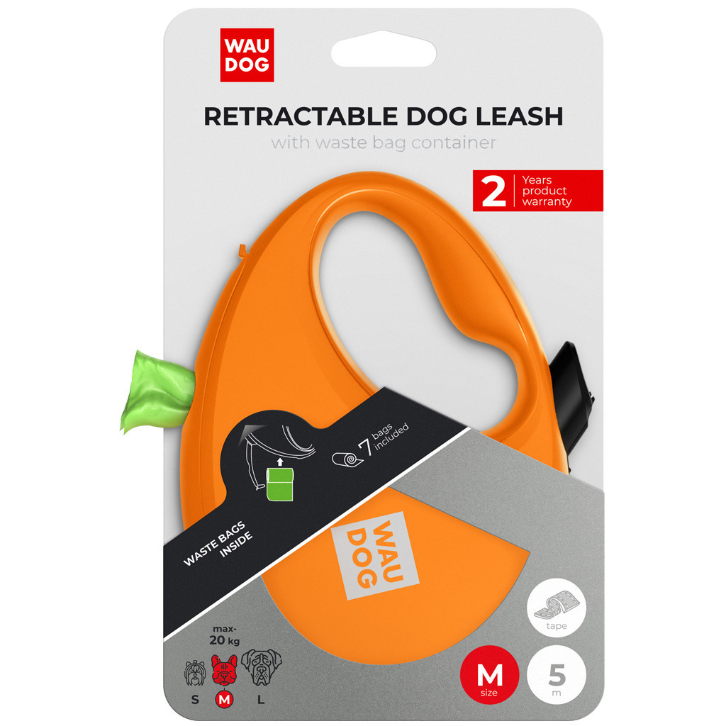 Повідець для собак WAUDOG R-leash з контейнером для пакетів M до 20 кг 5 м помаранчевий (26284) - зображення 5