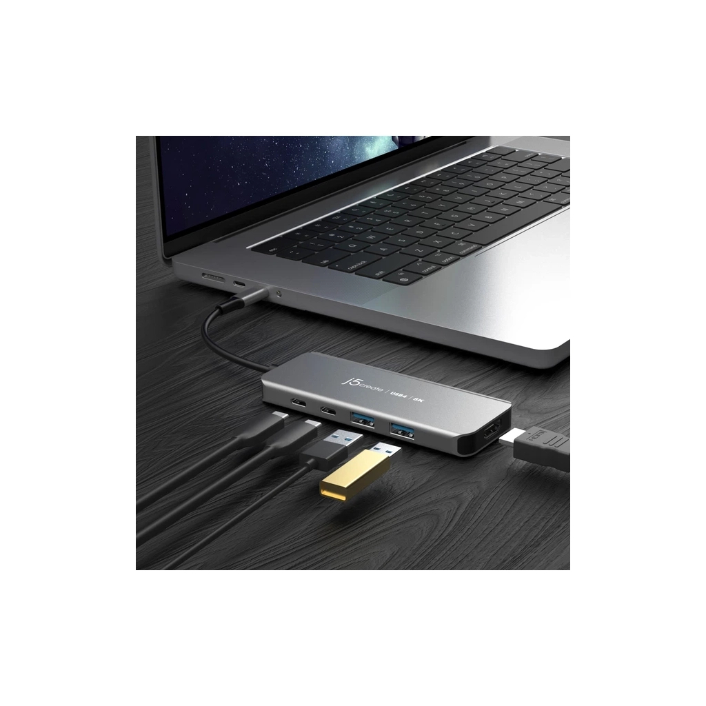 Концентратор J5create USB-C 5-in-1 2xUSB 3.2 10Gbps + 2xUSB-C 10Gbps PD 100W + HDMI 8K gray (JCH453-N) - зображення 6