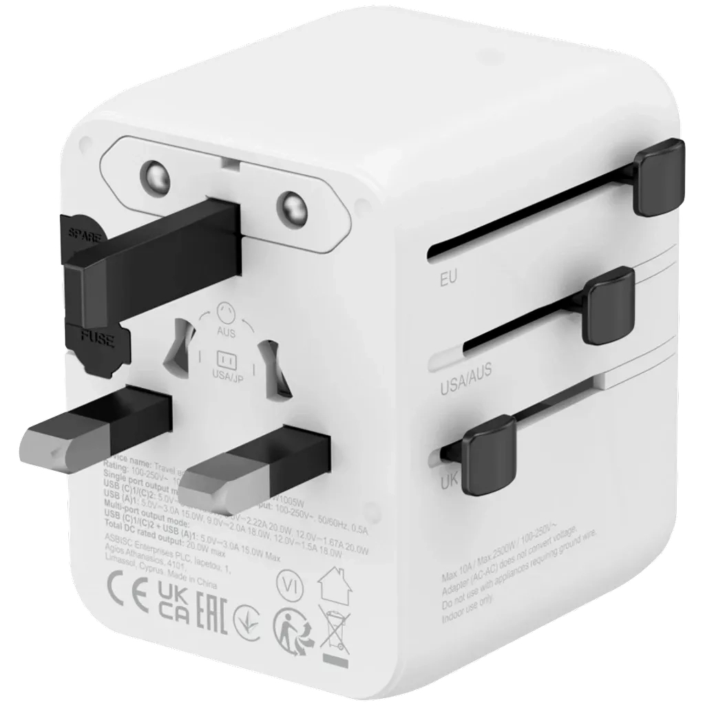 Зарядний пристрій Canyon OnTour 20 2xUCB-C + USB-A EU/UK/US/AUS 20W White (CNS-TA20W1005W) - зображення 5