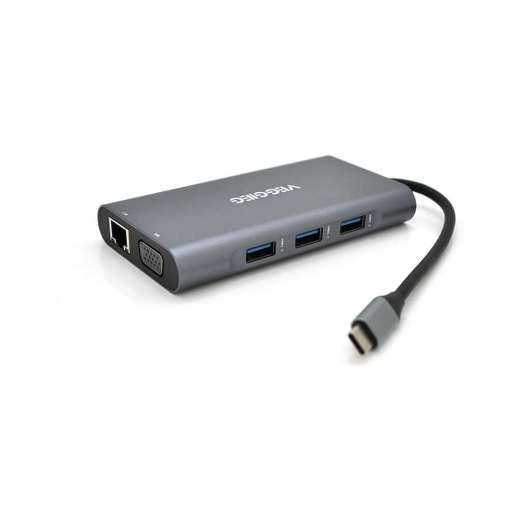 Концентратор VEGGIEG USB-C 7-in-1 USB-C + 3xUSB 3.0 + HDMI + VGA + SD/TF + RJ45 0.1m silver (TC10-U) - зображення 2