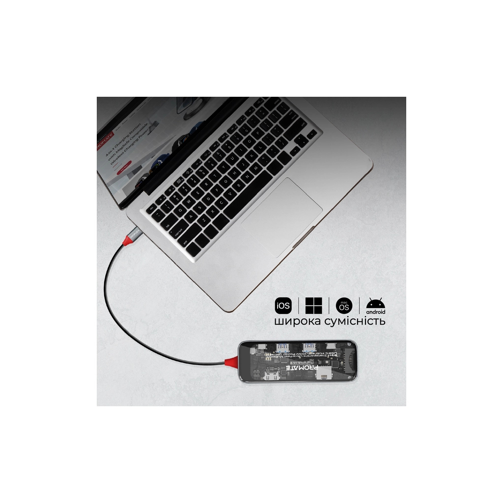 Концентратор Promate USB-C 8-in-1 USB-C PD100W + HDMI 4K60Hz + USBC + 2xUSB 3.0 + RJ45 1000Mbps + SD/MicroSD grey (transhub-mini) - зображення 8
