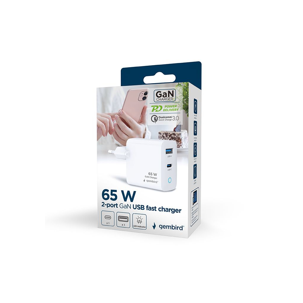 Зарядний пристрій Gembird 1хUSB-A (QC3.0 18W) + 1xType-C (PD 65W) white (TA-UC-PDQC65L-W-01) - зображення 7