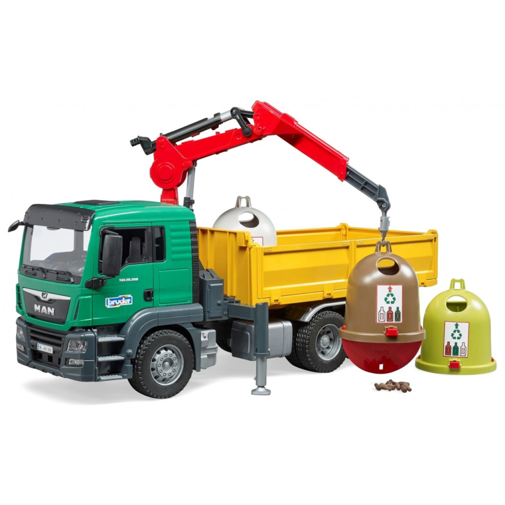 Спецтехніка Bruder автомобіль MAN TGS з краном-маніпулятором та контейнерами для скляних відходів (03753) - зображення 3