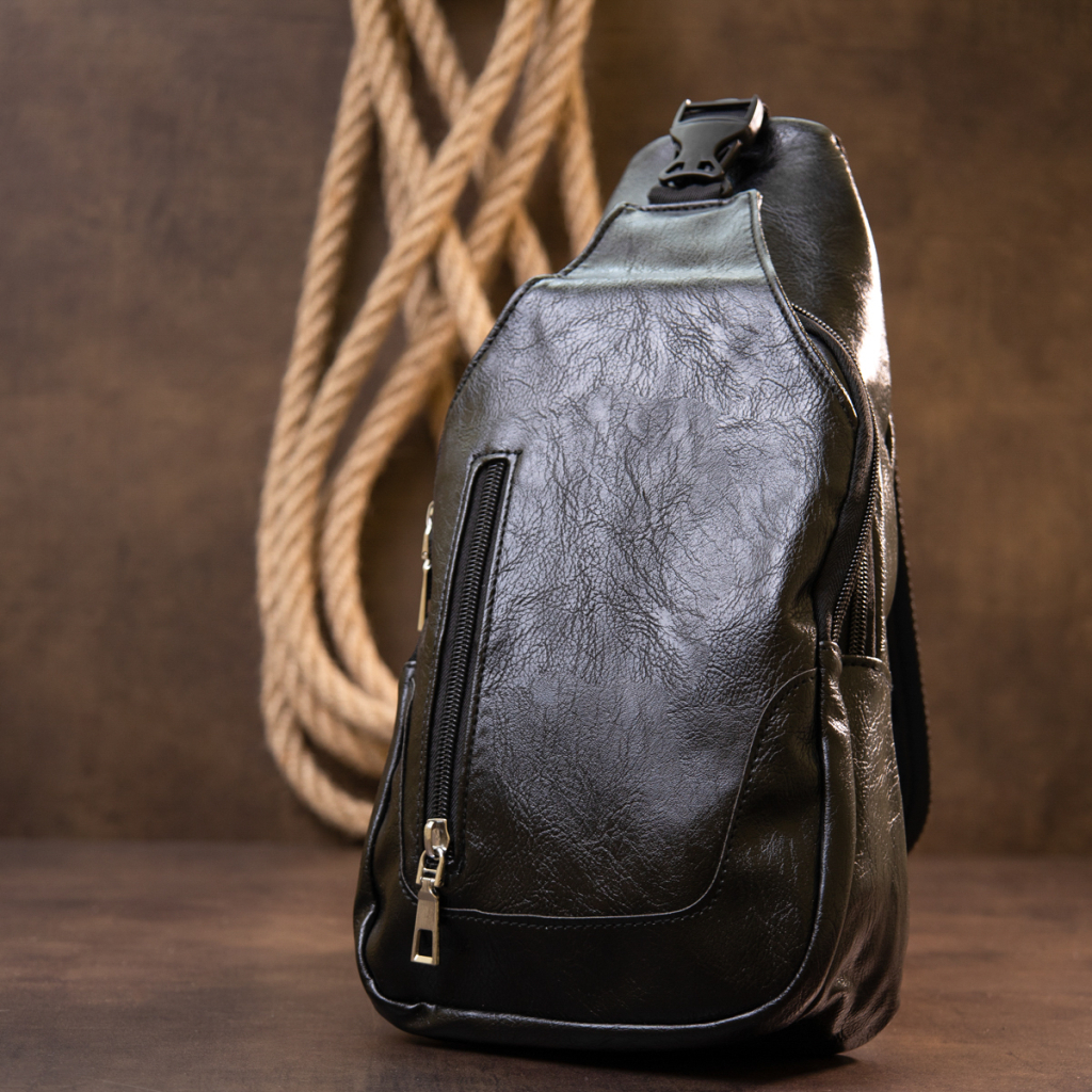 Сумка Vintage Через плече на два відділення шкірзам Чорна (20559) - зображення 6