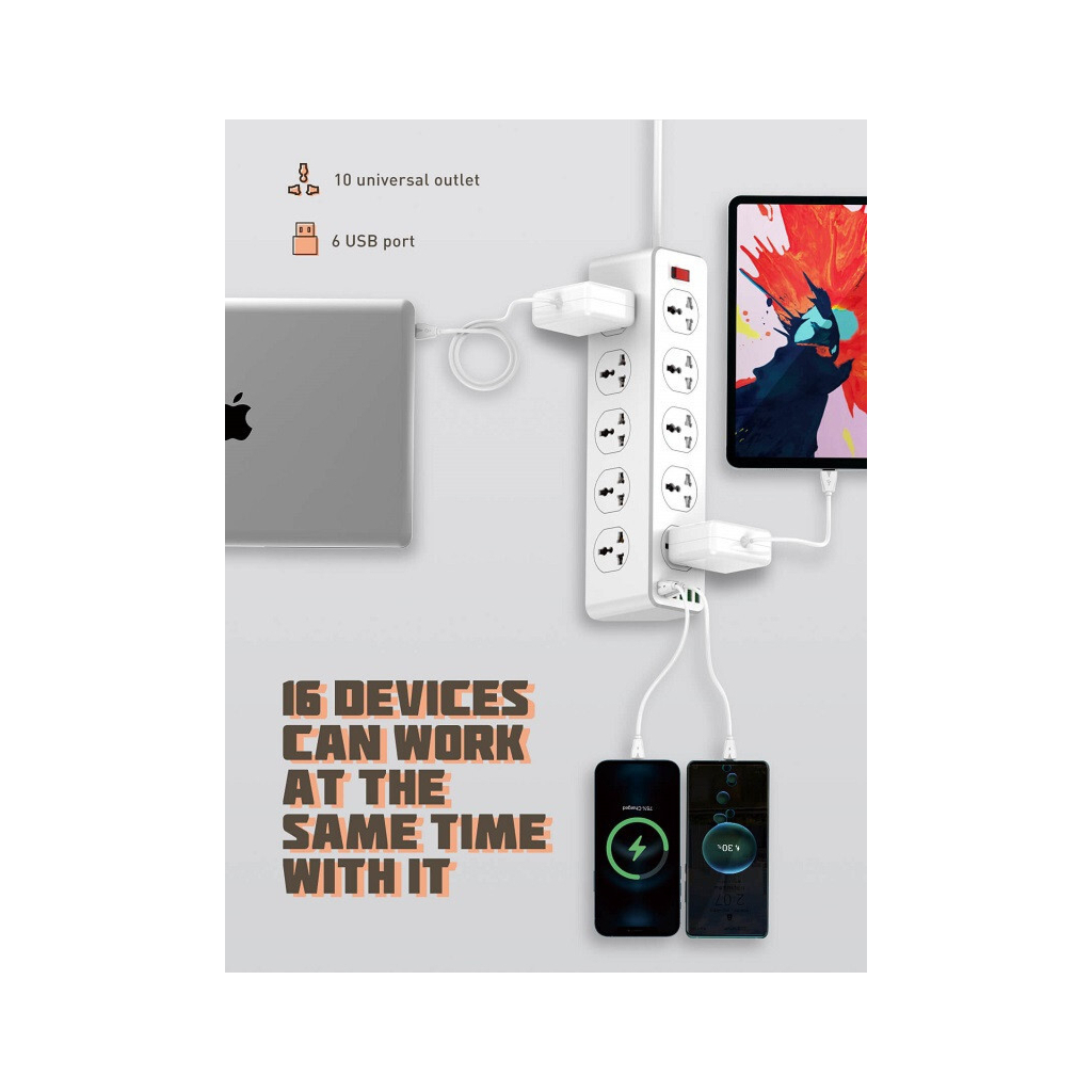 Мережевий фільтр живлення LDNIO SC10610, 5роз + 3USB (SC10610) - зображення 6