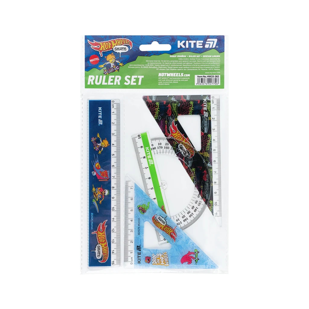 Лінійка Kite набір: лінійка 15 см, 2 косинця, транспортир Hot Wheels (HW25-282) - изображение 2